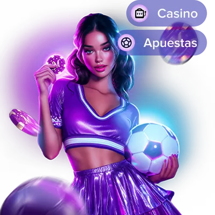 Ilustración de una mujer con top deportivo violeta junto a un balón de fútbol y una pila de fichas