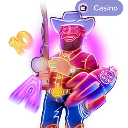 Ilustración de un vaquero con rifle en estilo neón, con la etiqueta de la sección de casino