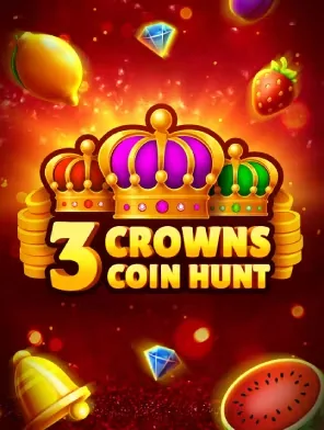 Portada del juego 3 Crowns Coin Hunt: tres coronas, monedas y símbolos de frutas sobre fondo rojo