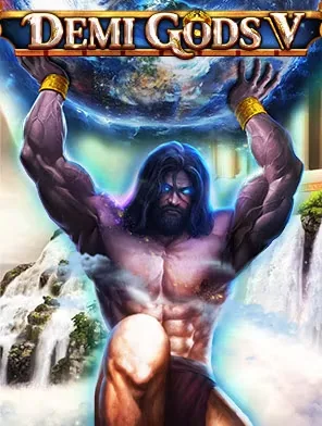 Portada del juego Demi Gods V: titán musculoso sosteniendo un globo terráqueo ante unas cascadas