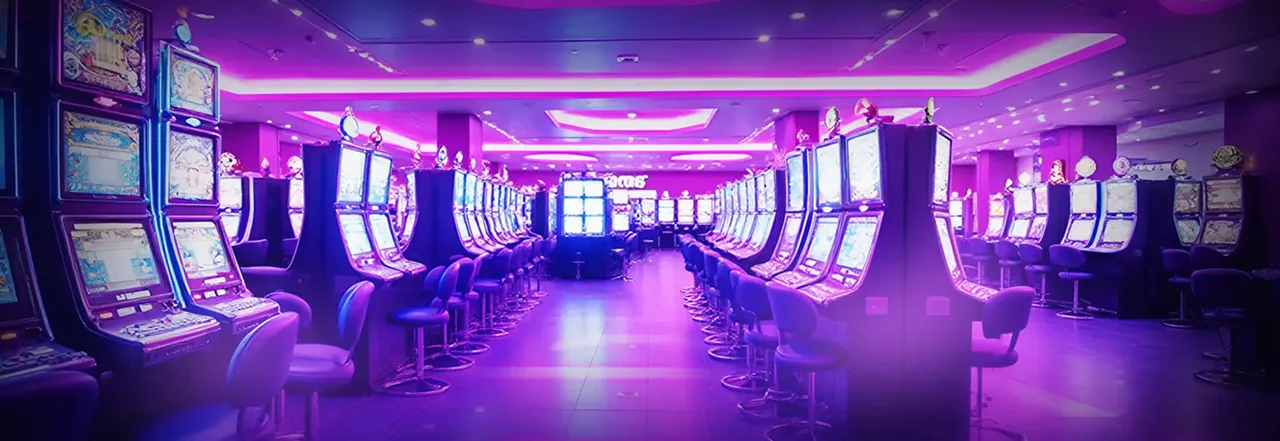 Fotografía de una sala de máquinas tragamonedas con iluminación de neón violeta y rosa